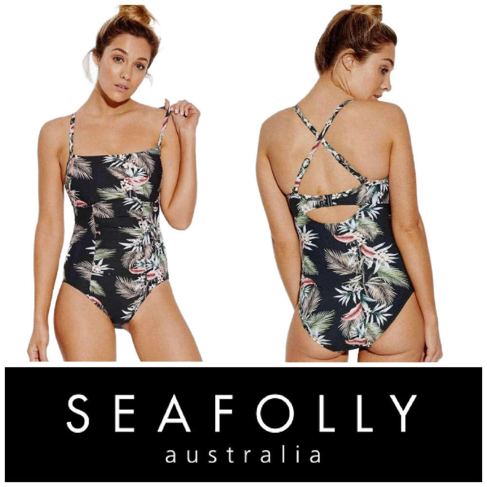 New Seafolly Sz US 6 Black Floral Ocean Alley Square Neck One Piece Swimsuit NWT